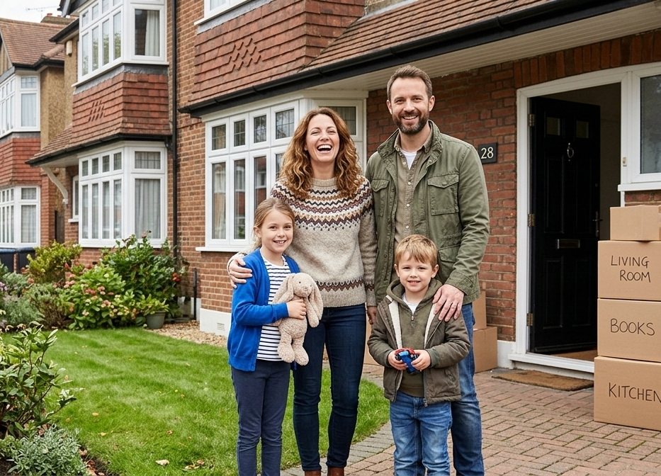 Happy family moving into their new home